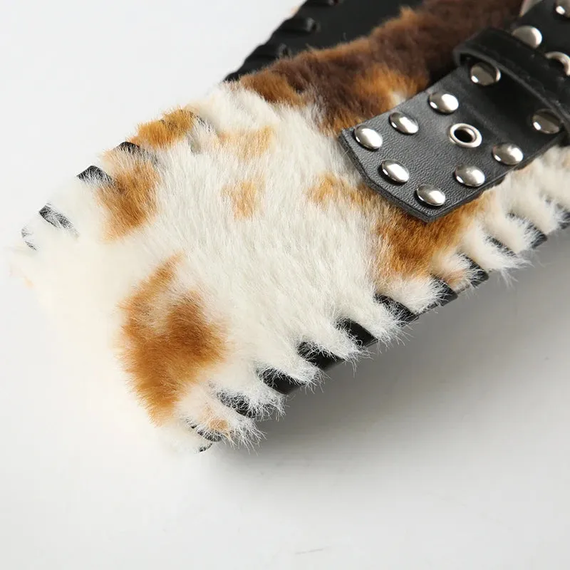Y2K Vintage Faux Fur Patchwork Belt - Punk Western Cowboy Waistband Accessory