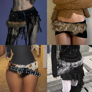 Y2K Vintage Faux Fur Patchwork Belt - Punk Western Cowboy Waistband Accessory