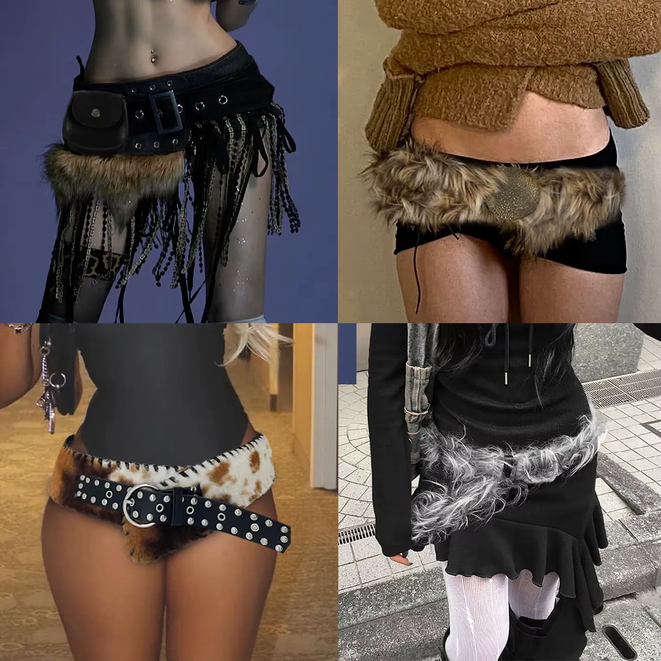 Y2K Vintage Faux Fur Patchwork Belt - Punk Western Cowboy Waistband Accessory