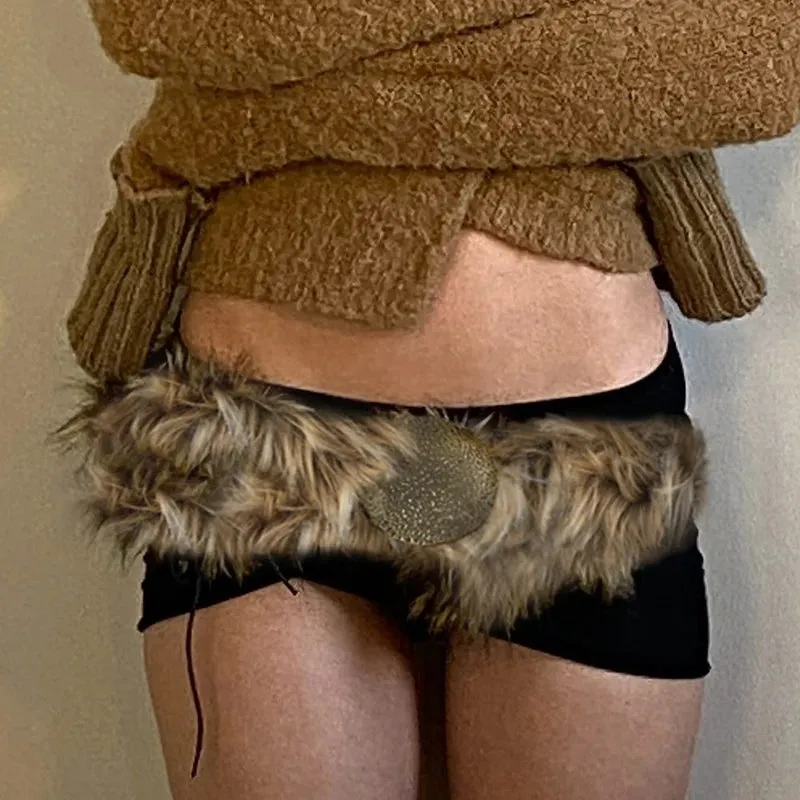 Y2K Vintage Faux Fur Patchwork Belt - Punk Western Cowboy Waistband Accessory