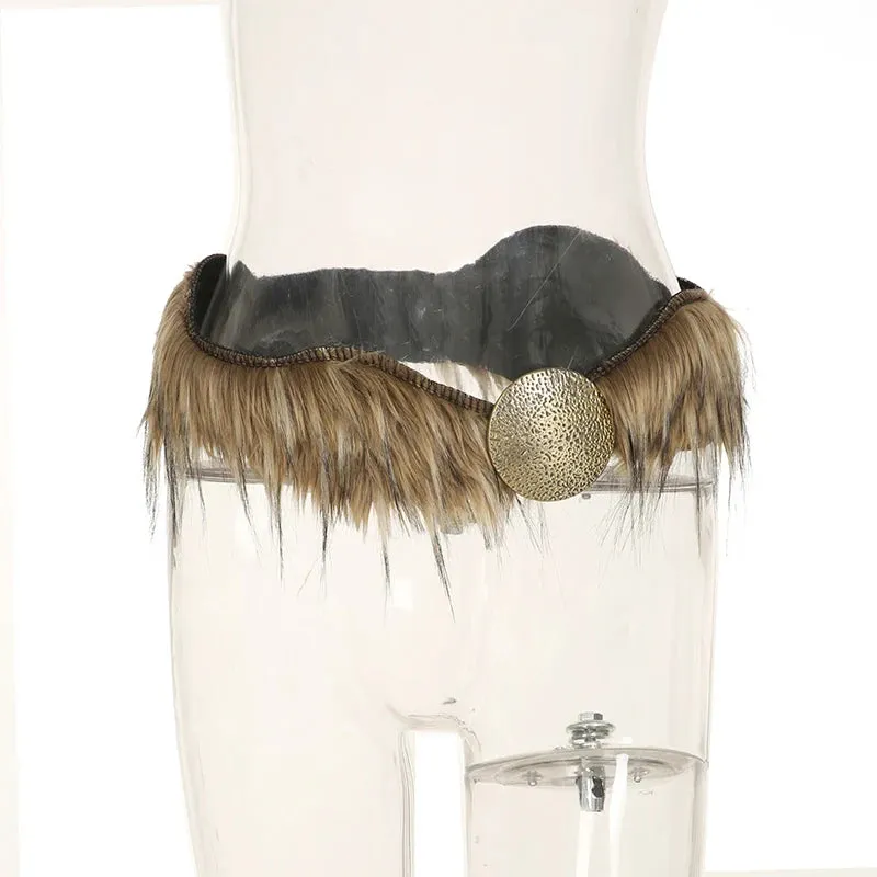Y2K Vintage Faux Fur Patchwork Belt - Punk Western Cowboy Waistband Accessory