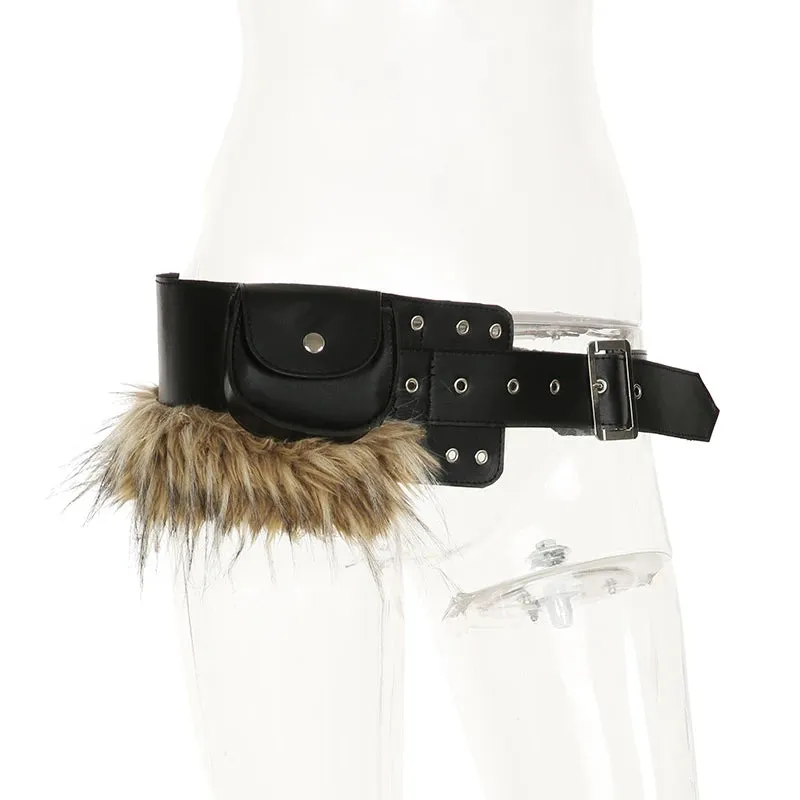 Y2K Vintage Faux Fur Patchwork Belt - Punk Western Cowboy Waistband Accessory