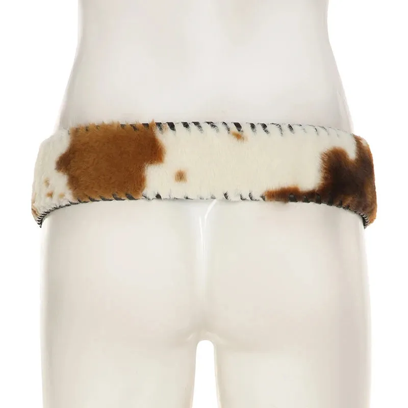 Y2K Vintage Faux Fur Patchwork Belt - Punk Western Cowboy Waistband Accessory
