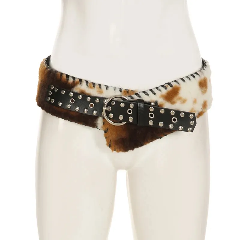 Y2K Vintage Faux Fur Patchwork Belt - Punk Western Cowboy Waistband Accessory