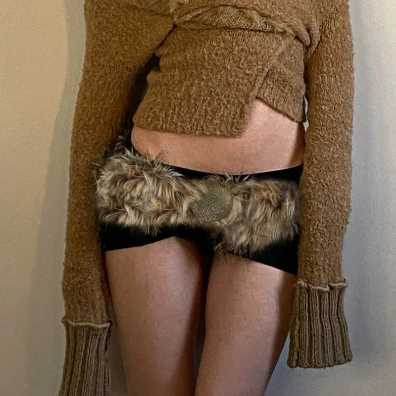 Y2K Vintage Faux Fur Patchwork Belt - Punk Western Cowboy Waistband Accessory