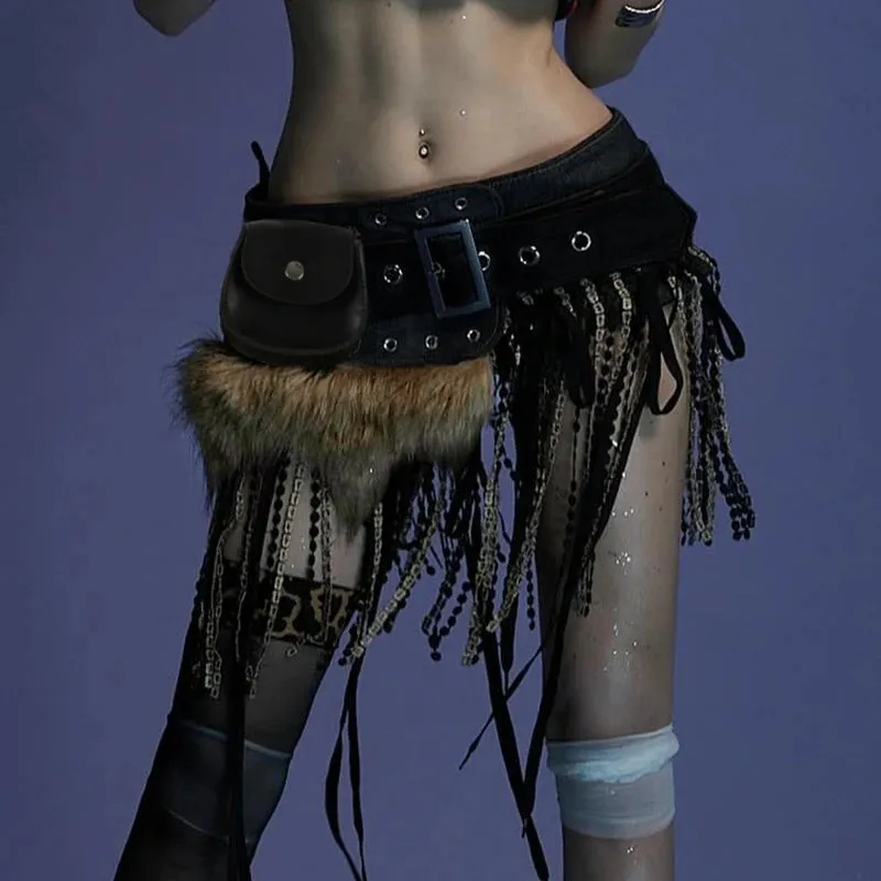 Y2K Vintage Faux Fur Patchwork Belt - Punk Western Cowboy Waistband Accessory