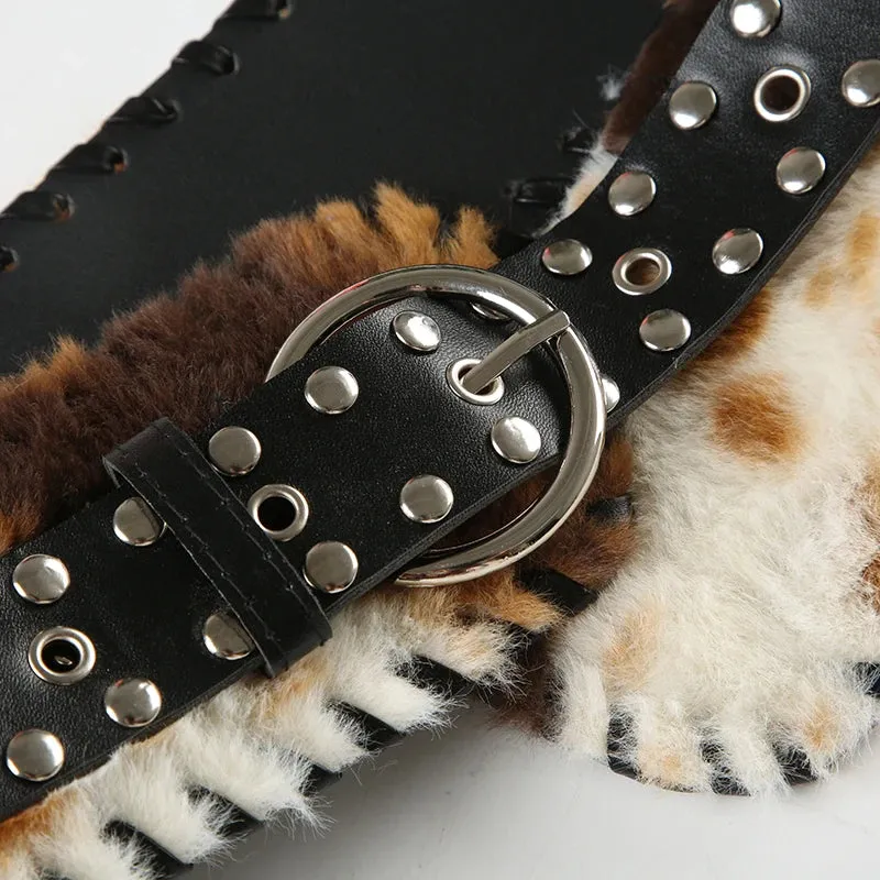 Y2K Vintage Faux Fur Patchwork Belt - Punk Western Cowboy Waistband Accessory