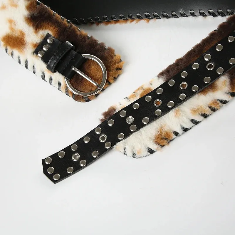 Y2K Vintage Faux Fur Patchwork Belt - Punk Western Cowboy Waistband Accessory